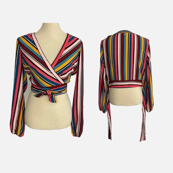 Guess Crop Top Striped Blouse Medium Waist Tie Retro Party Multicolour - Picture 1 of 13